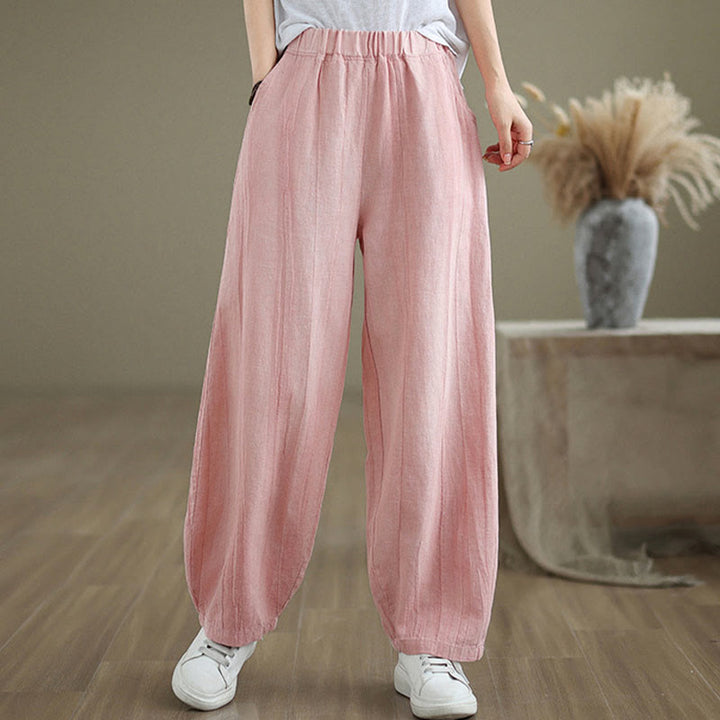 Buddha Stones Plain Color Wrinkled Design Elastic Waistband Cotton Linen Women's Pants With Pockets