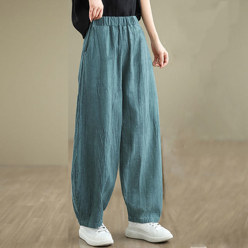 Buddha Stones Plain Color Wrinkled Design Elastic Waistband Cotton Linen Women's Pants With Pockets - image 19