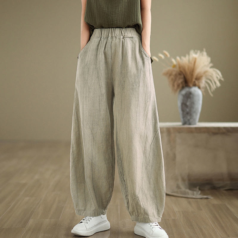 Buddha Stones Plain Color Wrinkled Design Elastic Waistband Cotton Linen Women's Pants With Pockets