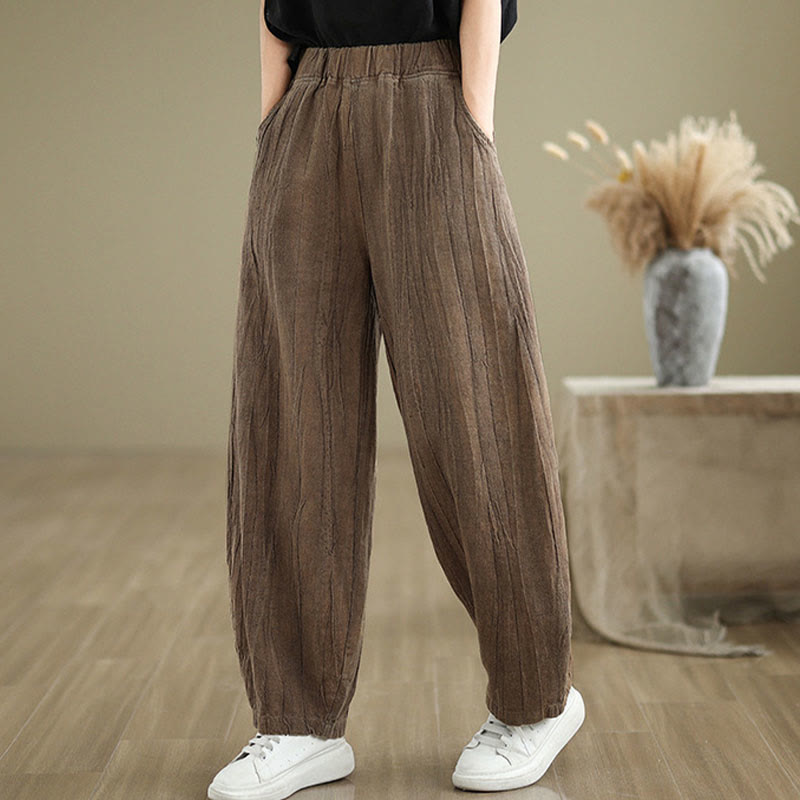 Buddha Stones Plain Color Wrinkled Design Elastic Waistband Cotton Linen Women's Pants With Pockets