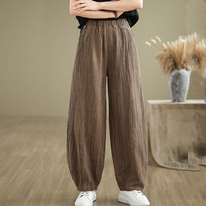 Buddha Stones Plain Color Wrinkled Design Elastic Waistband Cotton Linen Women's Pants With Pockets