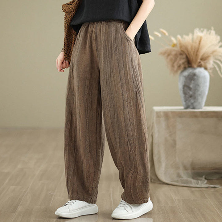 Buddha Stones Plain Color Wrinkled Design Elastic Waistband Cotton Linen Women's Pants With Pockets - image 1