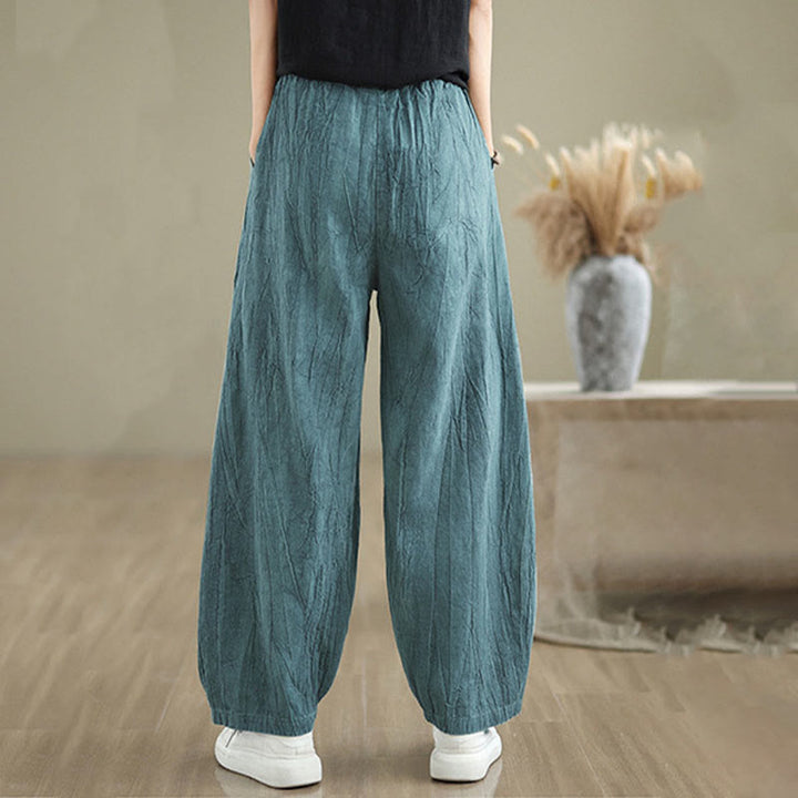 Buddha Stones Plain Color Wrinkled Design Elastic Waistband Cotton Linen Women's Pants With Pockets