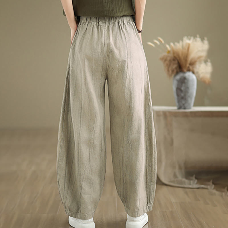 Buddha Stones Plain Color Wrinkled Design Elastic Waistband Cotton Linen Women's Pants With Pockets - image 10