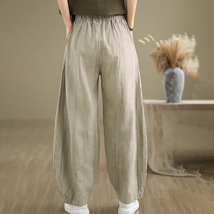 Buddha Stones Plain Color Wrinkled Design Elastic Waistband Cotton Linen Women's Pants With Pockets - image 10