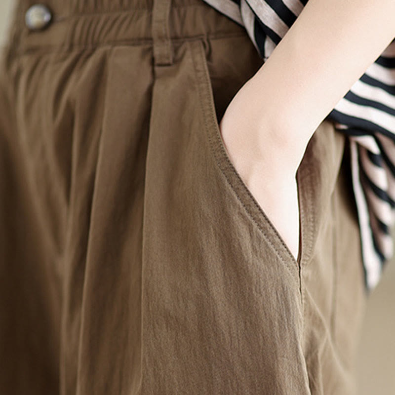 Buddha Stones Casual Solid Color One Top Button Elastic Waistband Women's Pants With Pockets - image 7