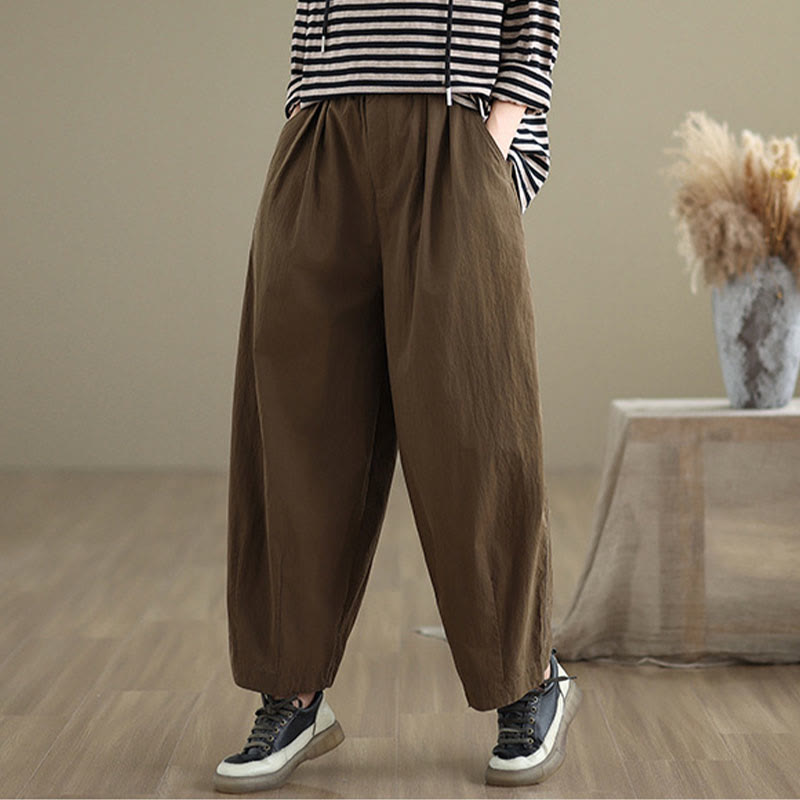 Buddha Stones Casual Solid Color One Top Button Elastic Waistband Cotton Linen Women's Pants With Pockets