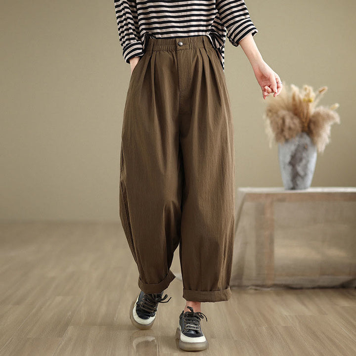 Buddha Stones Casual Solid Color One Top Button Elastic Waistband Cotton Linen Women's Pants With Pockets