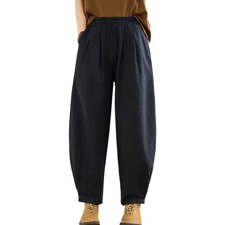Buddha Stones Casual Solid Color Tapered Elastic Waistband Cotton Linen Women's Pants With Pockets - image 25