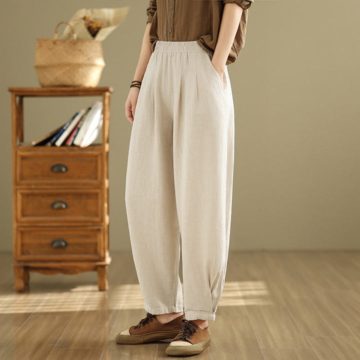 Buddha Stones Casual Solid Color Tapered Elastic Waistband Cotton Linen Women's Pants With Pockets - image 9
