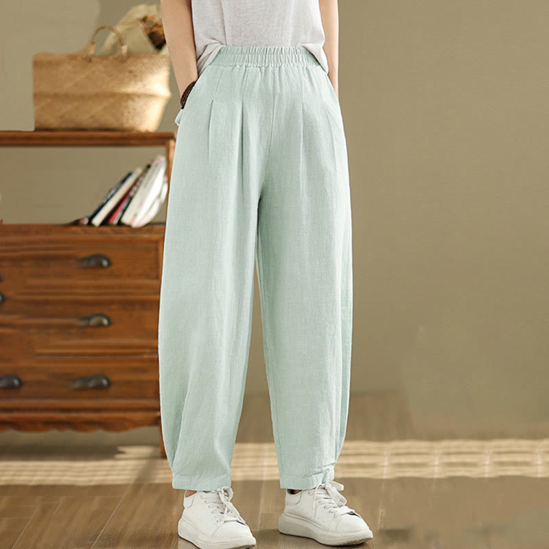 Buddha Stones Casual Solid Color Tapered Elastic Waistband Cotton Linen Women's Pants With Pockets