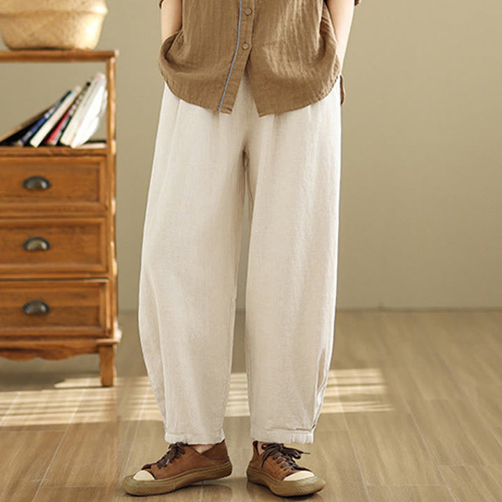 Buddha Stones Casual Solid Color Tapered Elastic Waistband Cotton Linen Women's Pants With Pockets