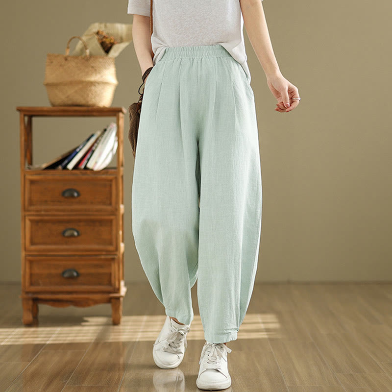 Buddha Stones Casual Solid Color Tapered Elastic Waistband Cotton Linen Women's Pants With Pockets