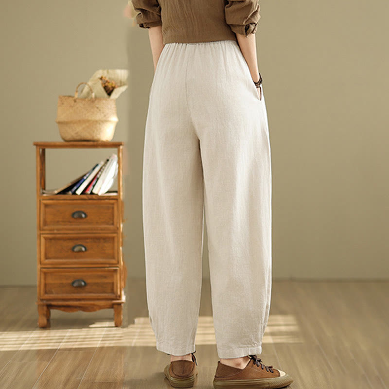 Buddha Stones Casual Solid Color Tapered Elastic Waistband Cotton Linen Women's Pants With Pockets