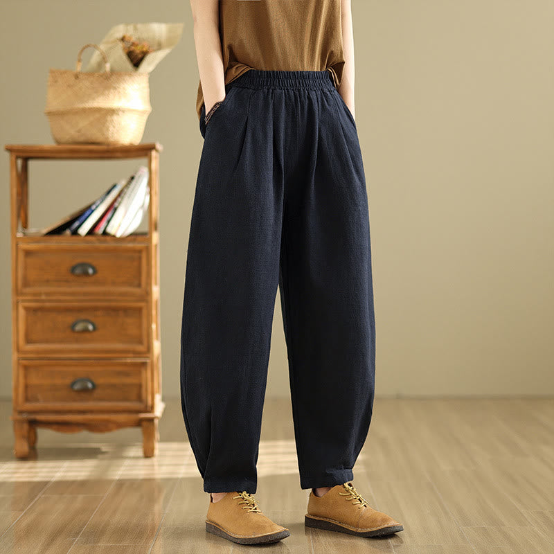 Buddha Stones Casual Solid Color Tapered Elastic Waistband Cotton Linen Women's Pants With Pockets