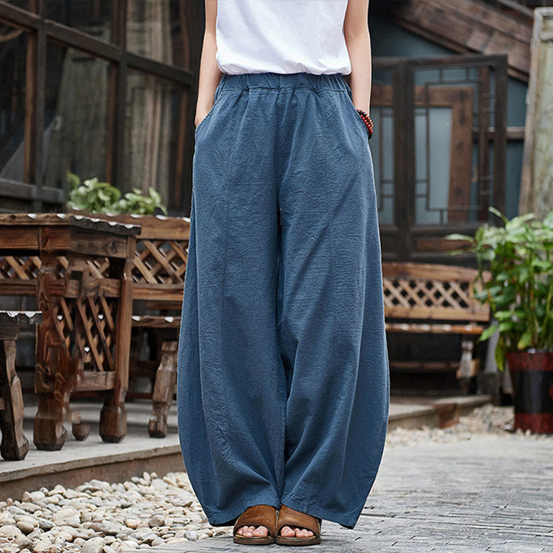 Buddha Stones Casual Plain Color Elastic Waistband Fleece Lined Cotton Ramie Women's Pants With Pockets