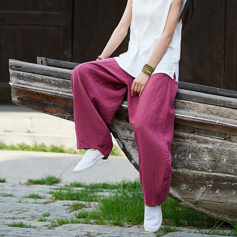 Buddha Stones Casual Plain Color Elastic Waistband Fleece Lined Cotton Ramie Women's Pants With Pockets - image 18