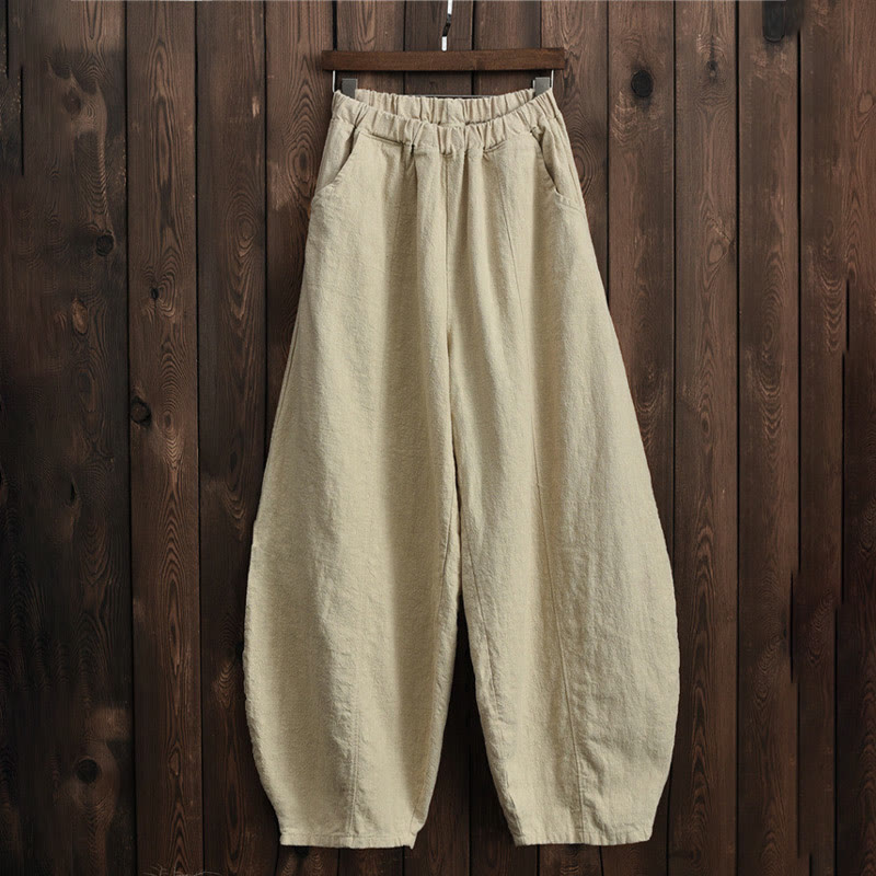 Buddha Stones Casual Plain Color Elastic Waistband Fleece Lined Cotton Ramie Women's Pants With Pockets - image 8