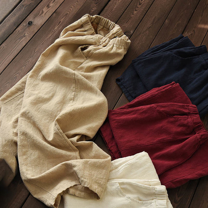 Buddha Stones Casual Plain Color Elastic Waistband Fleece Lined Cotton Ramie Women's Pants With Pockets - image 51