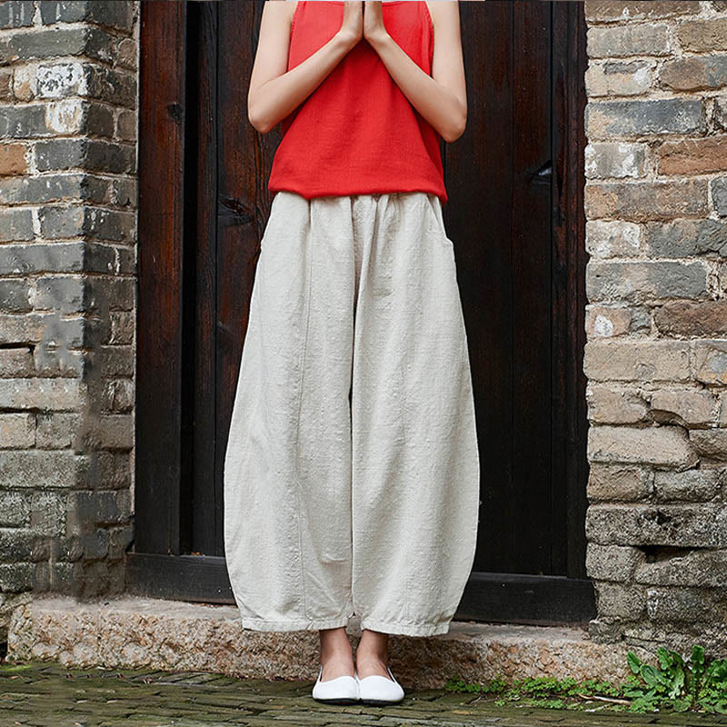 Buddha Stones Casual Plain Color Elastic Waistband Fleece Lined Cotton Ramie Women's Pants With Pockets - image 8
