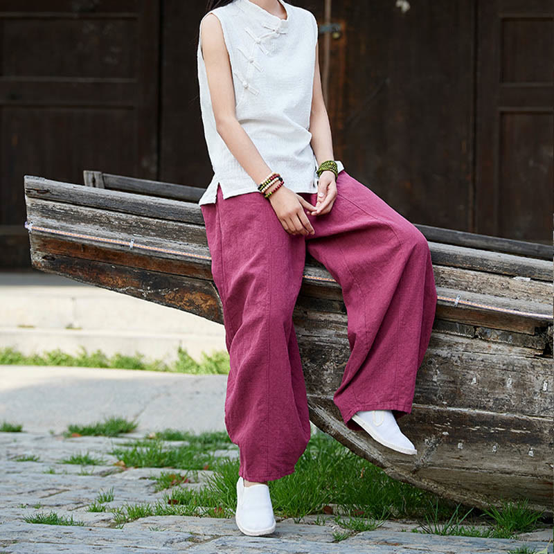 Buddha Stones Casual Plain Color Elastic Waistband Fleece Lined Cotton Ramie Women's Pants With Pockets - image 17
