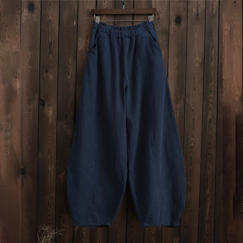 Buddha Stones Casual Plain Color Elastic Waistband Fleece Lined Cotton Ramie Women's Pants With Pockets - image 35