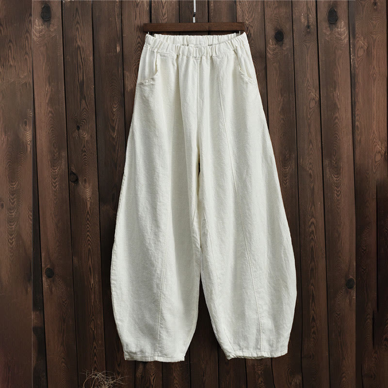 Buddha Stones Casual Plain Color Elastic Waistband Fleece Lined Cotton Ramie Women's Pants With Pockets - image 26