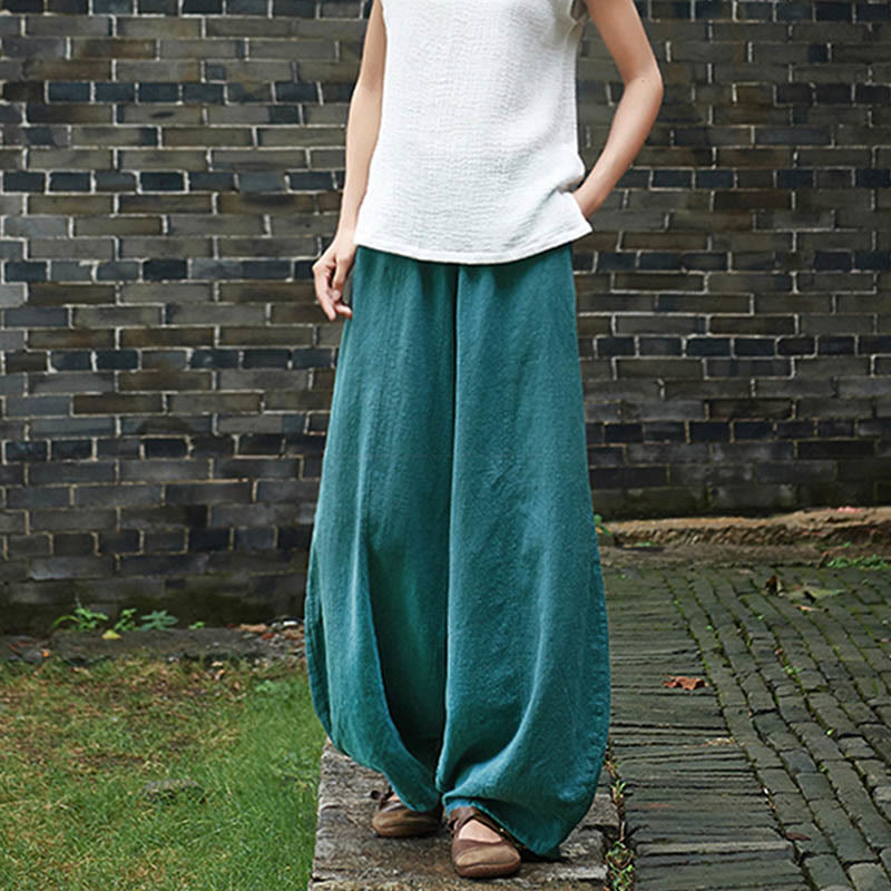 Buddha Stones Casual Plain Color Elastic Waistband Fleece Lined Cotton Ramie Women's Pants With Pockets - image 46