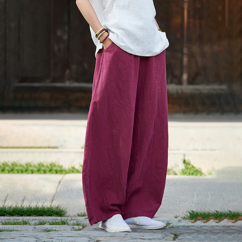 Buddha Stones Casual Plain Color Elastic Waistband Fleece Lined Cotton Ramie Women's Pants With Pockets - image 15