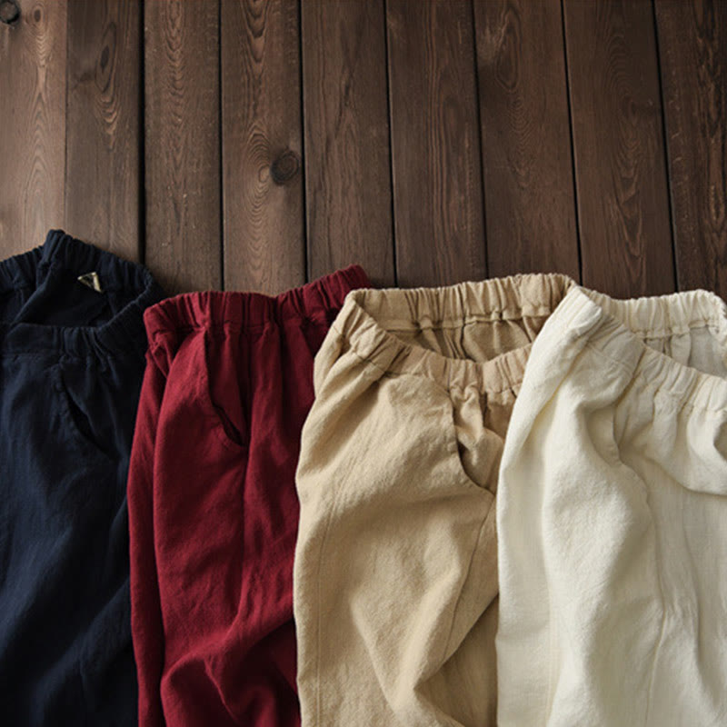 Buddha Stones Casual Plain Color Elastic Waistband Fleece Lined Cotton Ramie Women's Pants With Pockets - image 50