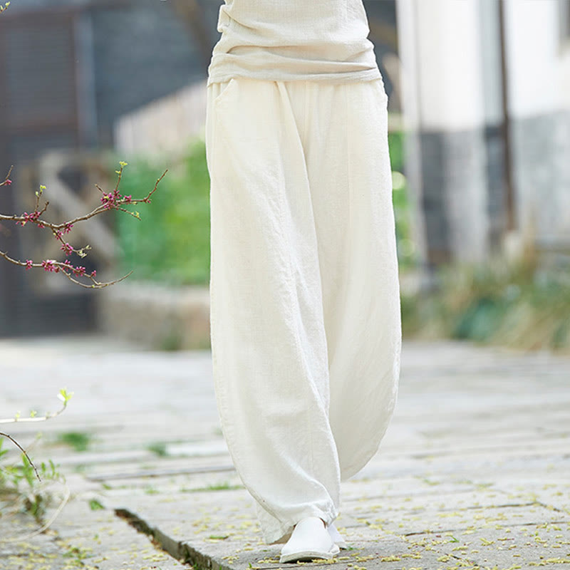 Buddha Stones Casual Plain Color Elastic Waistband Fleece Lined Cotton Ramie Women's Pants With Pockets - White - US4，UK/AU8，EU36 (L) - image 20