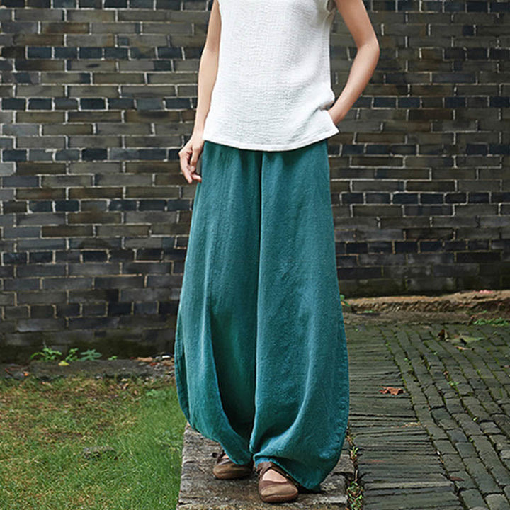 Buddha Stones Casual Plain Color Elastic Waistband Fleece Lined Cotton Ramie Women's Pants With Pockets - image 45