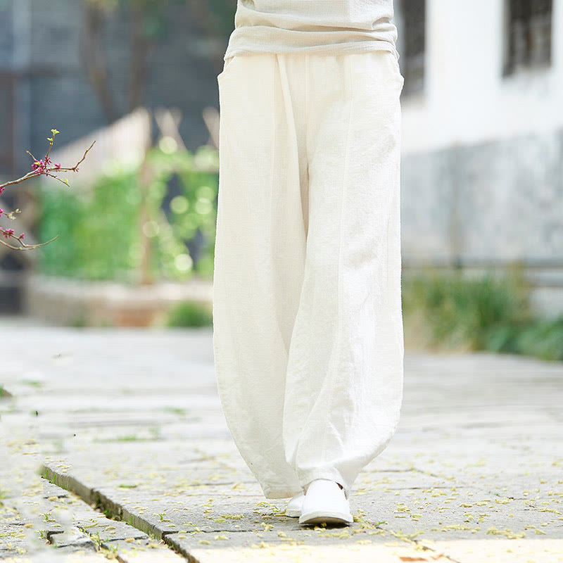 Buddha Stones Casual Plain Color Elastic Waistband Fleece Lined Cotton Ramie Women's Pants With Pockets - image 22