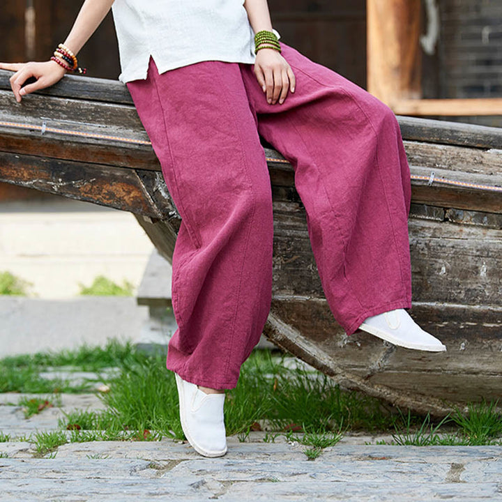 Buddha Stones Casual Plain Color Elastic Waistband Fleece Lined Cotton Ramie Women's Pants With Pockets - image 17