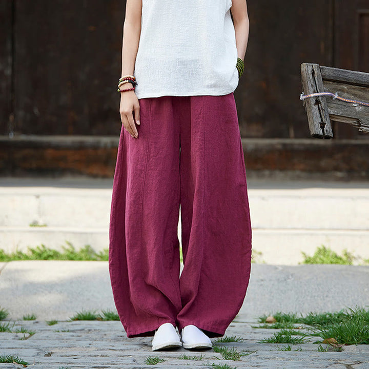 Buddha Stones Casual Plain Color Elastic Waistband Fleece Lined Cotton Ramie Women's Pants With Pockets - image 13