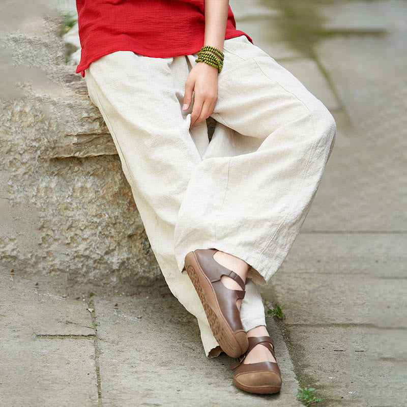 Buddha Stones Casual Plain Color Elastic Waistband Fleece Lined Cotton Ramie Women's Pants With Pockets - image 7