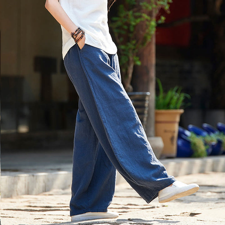 Buddha Stones Casual Plain Color Elastic Waistband Fleece Lined Cotton Ramie Women's Pants With Pockets - image 33