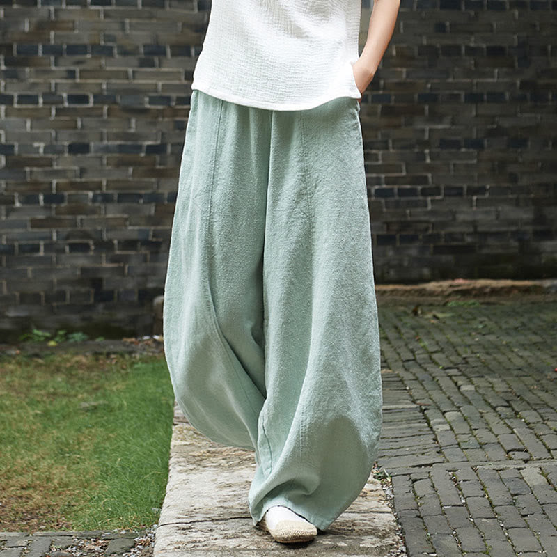 Buddha Stones Casual Plain Color Elastic Waistband Fleece Lined Cotton Ramie Women's Pants With Pockets - image 38