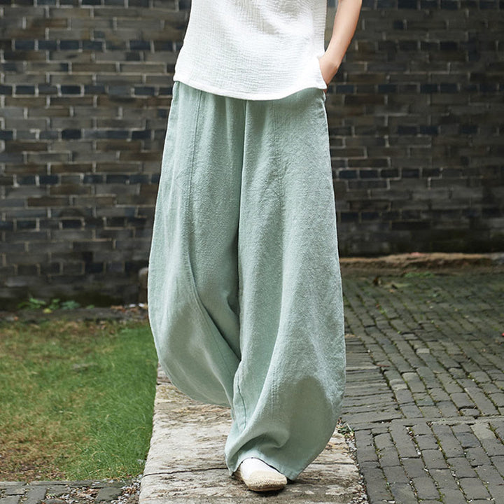 Buddha Stones Casual Plain Color Elastic Waistband Fleece Lined Cotton Ramie Women's Pants With Pockets - image 38