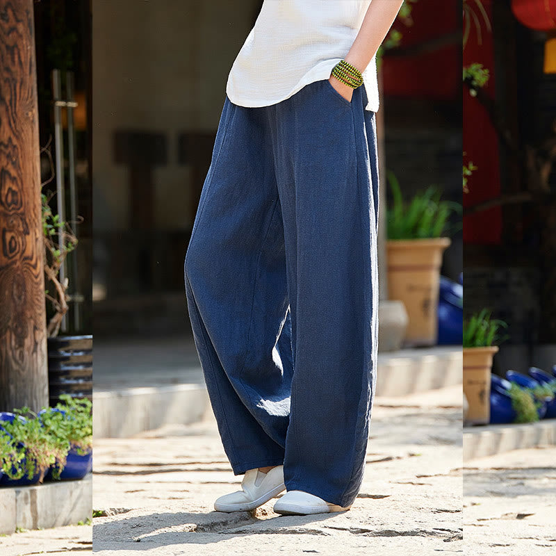 Buddha Stones Casual Plain Color Elastic Waistband Fleece Lined Cotton Ramie Women's Pants With Pockets - image 32