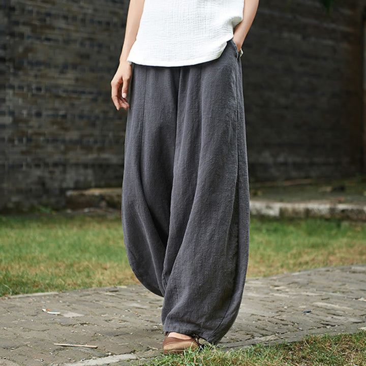 Buddha Stones Casual Plain Color Elastic Waistband Fleece Lined Cotton Ramie Women's Pants With Pockets