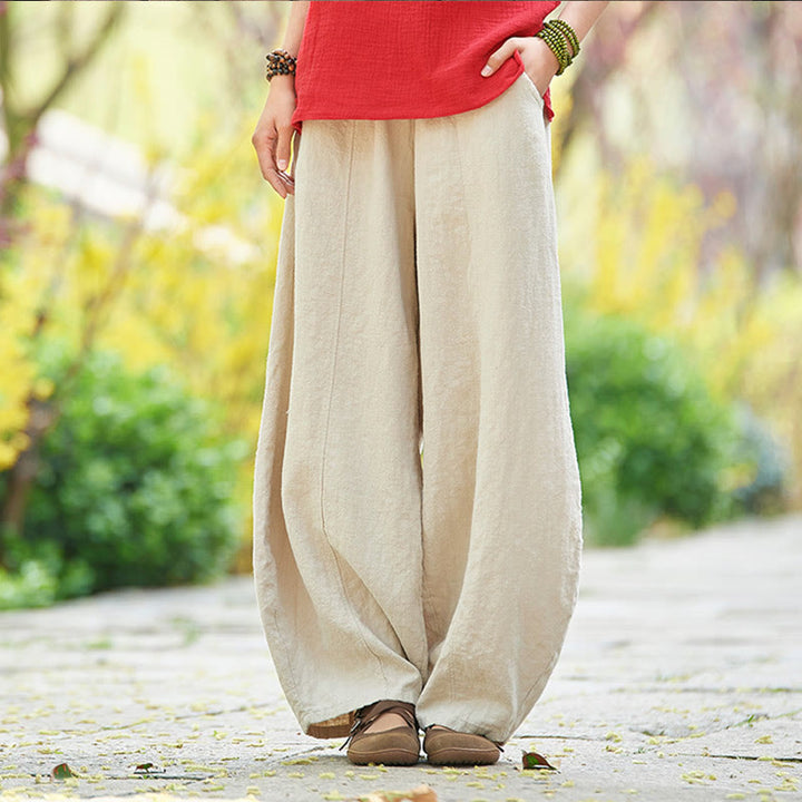 Buddha Stones Casual Plain Color Elastic Waistband Fleece Lined Cotton Ramie Women's Pants With Pockets - Beige - US4，UK/AU8，EU36 (L) - image 1
