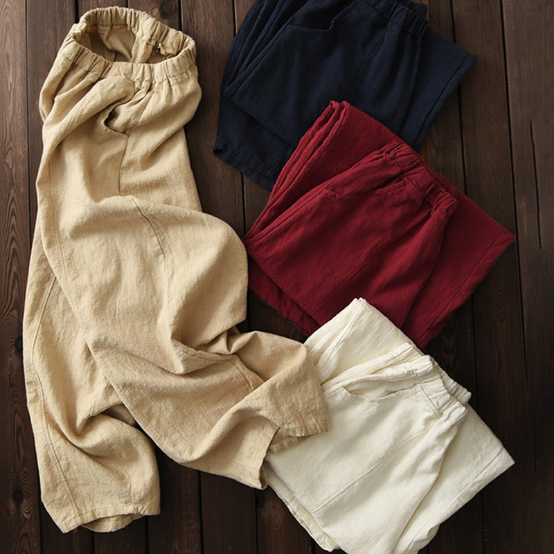 Buddha Stones Casual Plain Color Elastic Waistband Fleece Lined Cotton Ramie Women's Pants With Pockets - image 2