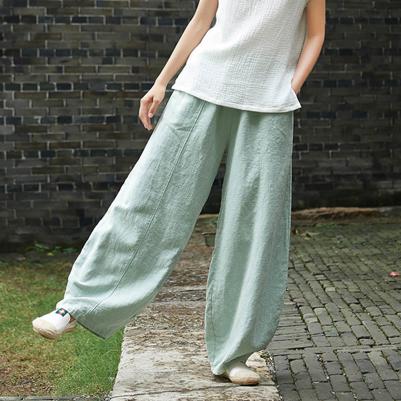 Buddha Stones Casual Plain Color Elastic Waistband Fleece Lined Cotton Ramie Women's Pants With Pockets - image 39
