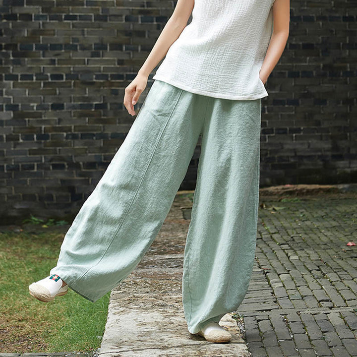 Buddha Stones Casual Plain Color Elastic Waistband Fleece Lined Cotton Ramie Women's Pants With Pockets - image 39