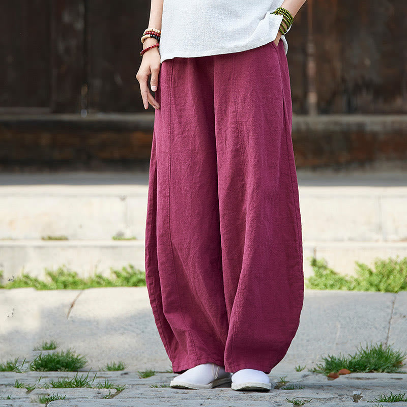 Buddha Stones Casual Plain Color Elastic Waistband Fleece Lined Cotton Ramie Women's Pants With Pockets - DeepPink - US4，UK/AU8，EU36 (L) - image 12