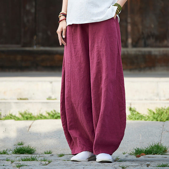 Buddha Stones Casual Plain Color Elastic Waistband Fleece Lined Cotton Ramie Women's Pants With Pockets - DeepPink - US4，UK/AU8，EU36 (L) - image 12