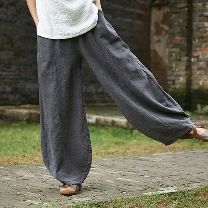 Buddha Stones Casual Plain Color Elastic Waistband Fleece Lined Cotton Ramie Women's Pants With Pockets - image 43