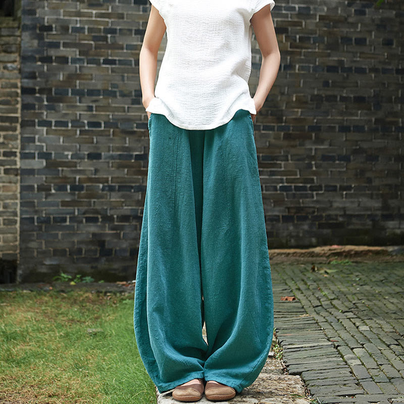 Buddha Stones Casual Plain Color Elastic Waistband Fleece Lined Cotton Ramie Women's Pants With Pockets