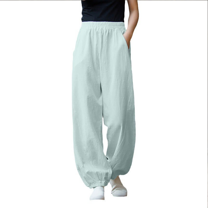 Buddha Stones Casual Solid Plain Color Carrot Elastic Waistband Cotton Ramie Women's Pants With Pockets